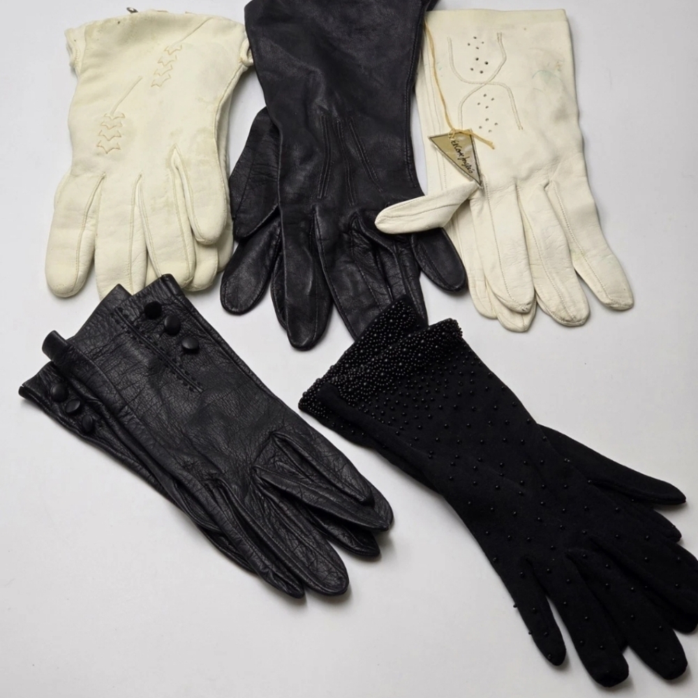VTG Lot  5 Pairs of Ladies Gloves Leather & Beaded Nylon,El Corte Ingles,Altman
